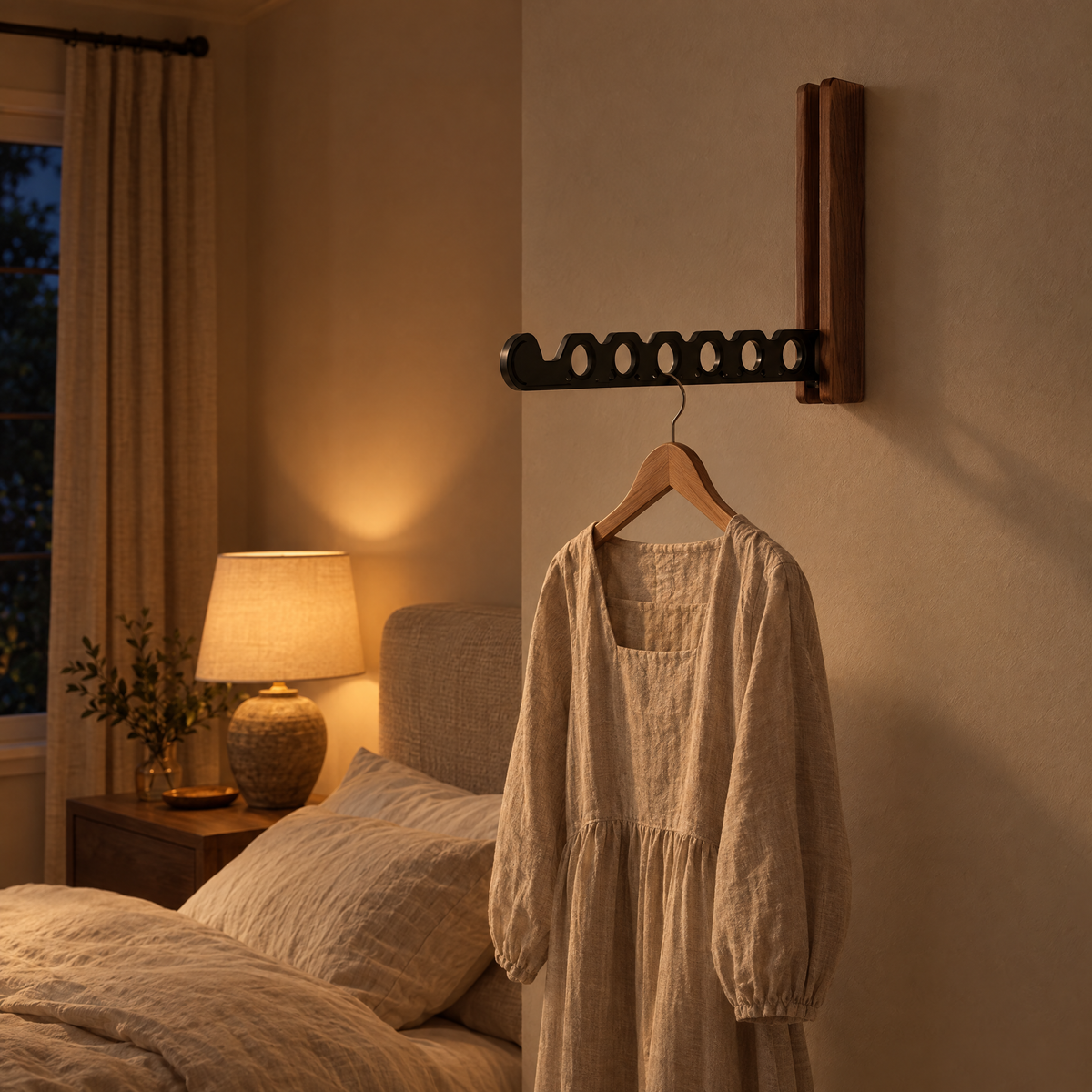 Piega Folding Wall Hanger Rail in black in a guest bedroom in the evening