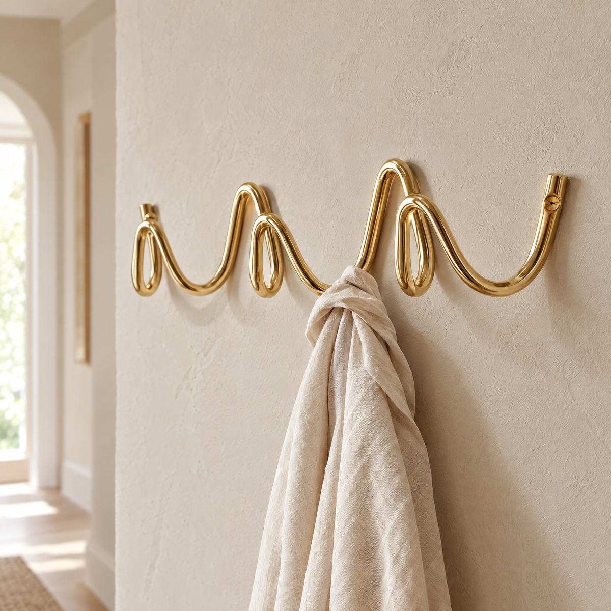 Flutto Wave Wall Hook Rack in gold, close-up of the curve and screws