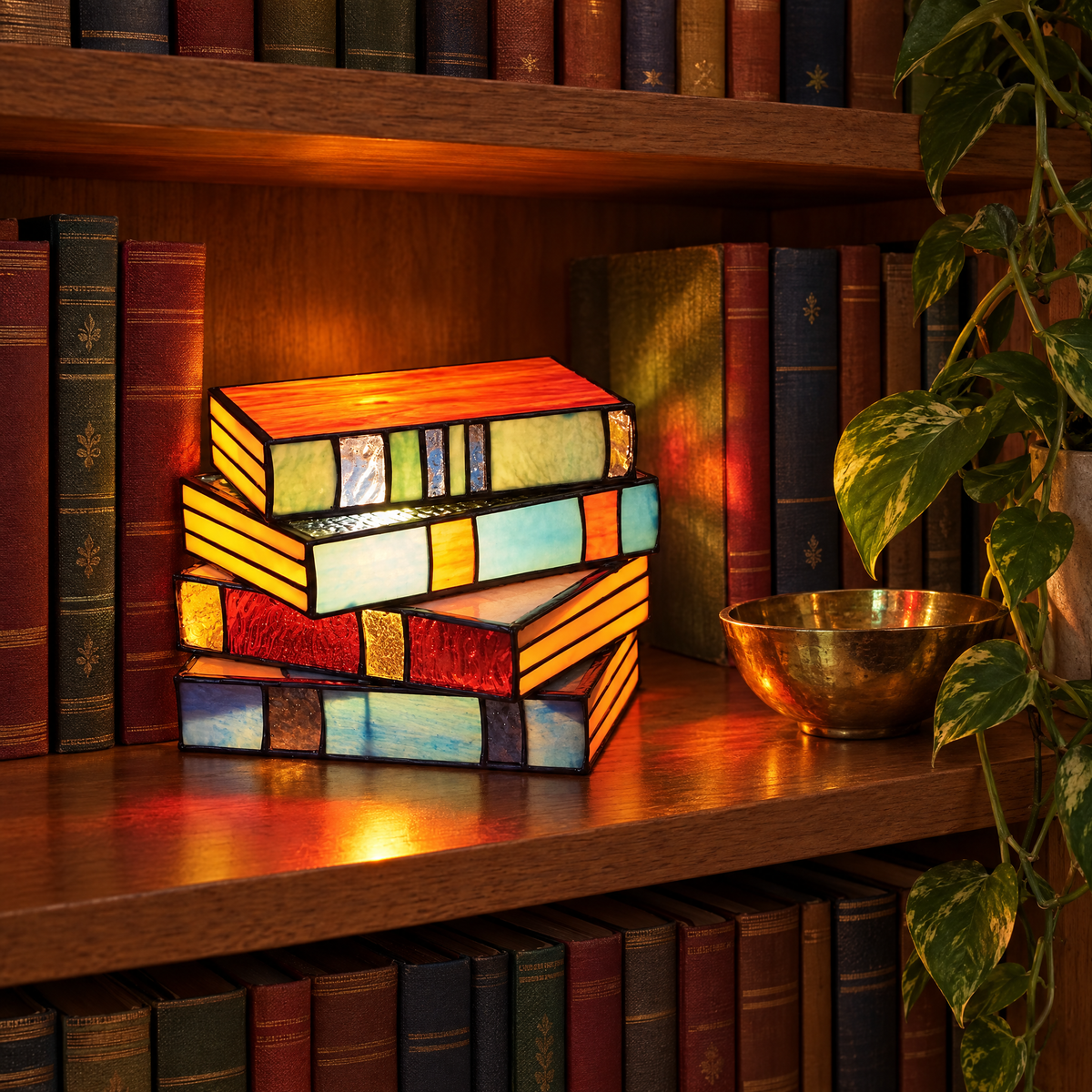 Libro stained glass book lamp glowing in an oak bookcase