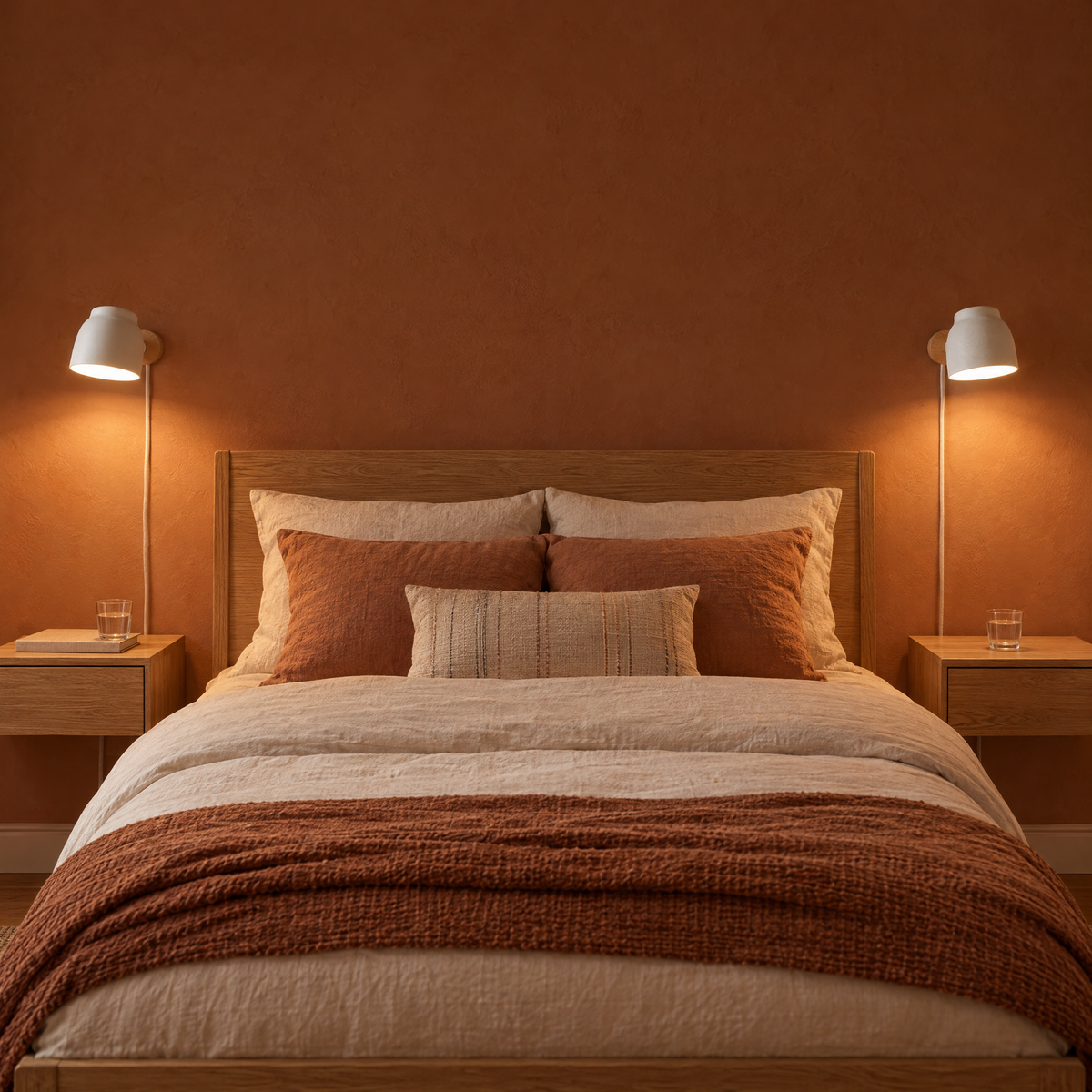 A pair of Lume plug-in sconces beside a bed