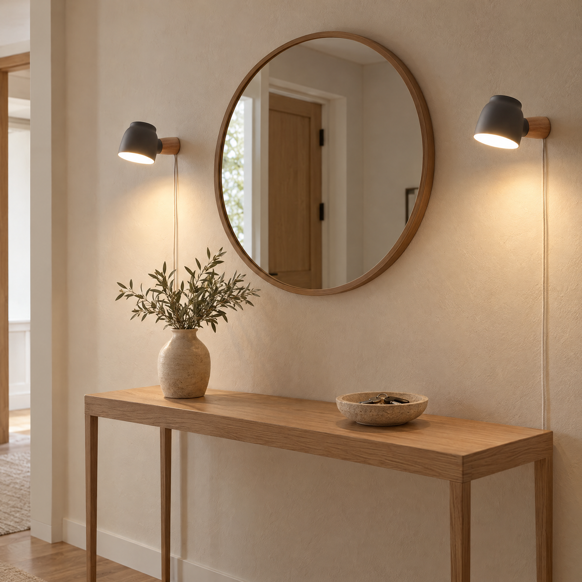 Lume plug-in sconces either side of a hallway mirror
