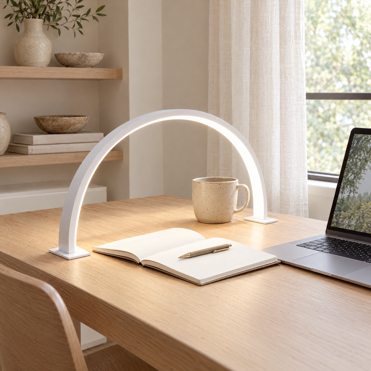 White Luna half-moon lamp over a notebook and mug on an oak desk