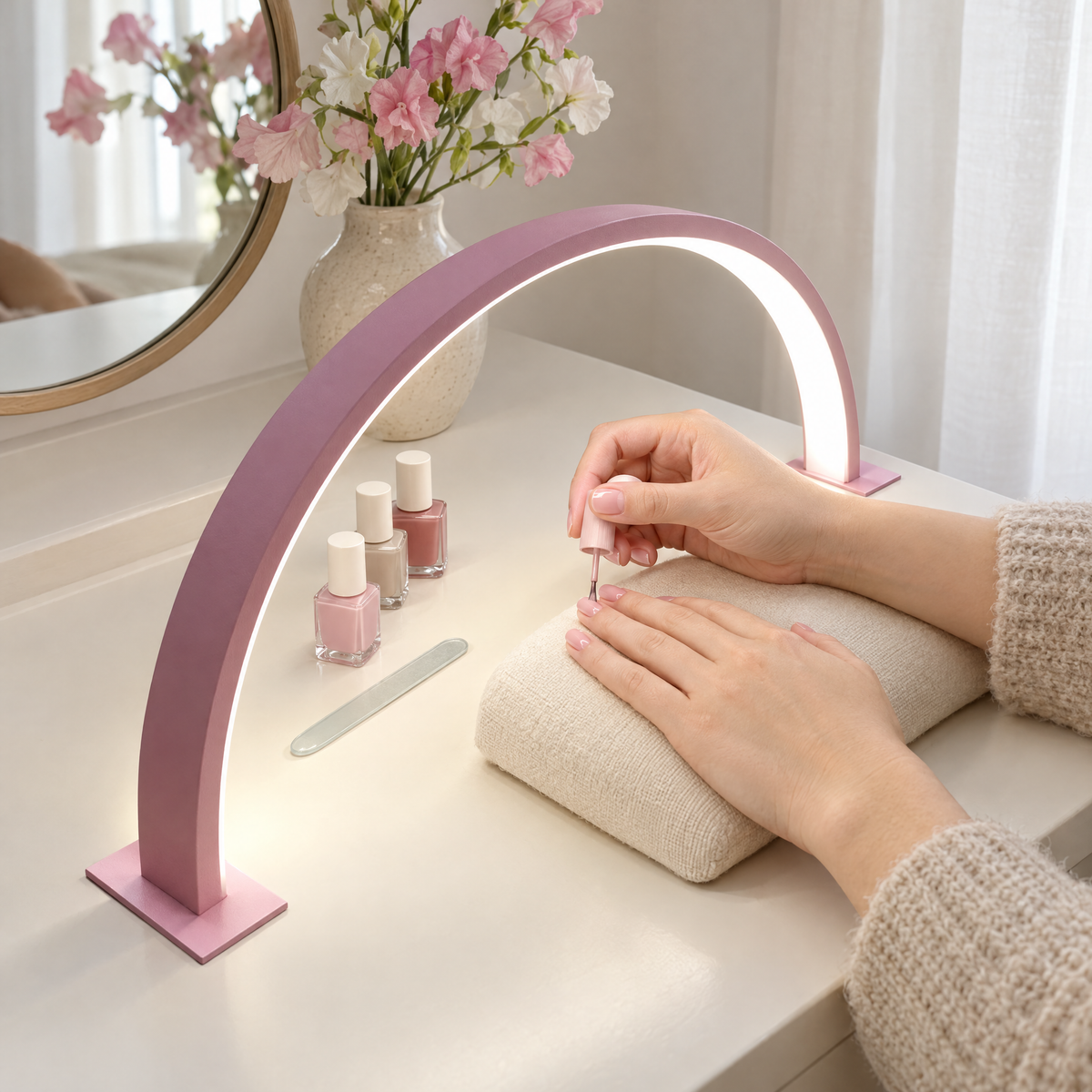 Pink Luna half-moon lamp lighting an at-home manicure on a white dressing table