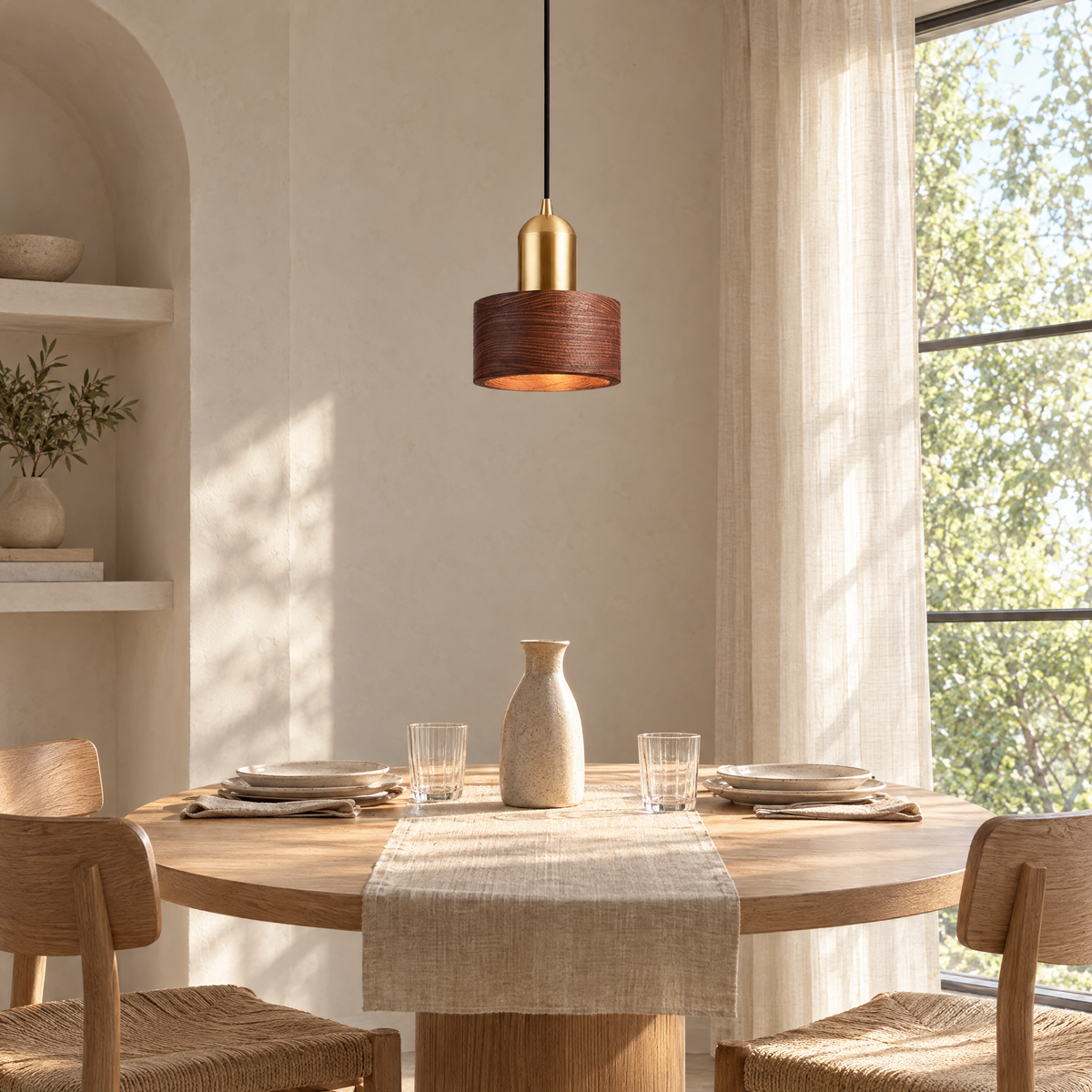 Noce Walnut Cylinder Pendant Light over a round oak table set for two