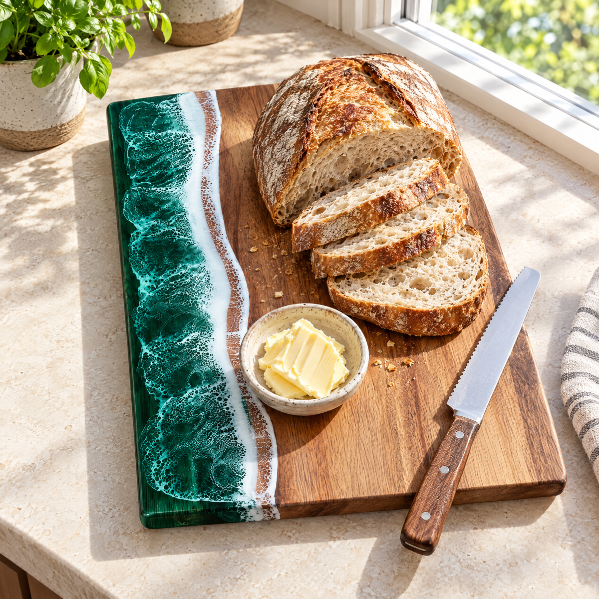 Onda serving board with sliced sourdough on a stone counter