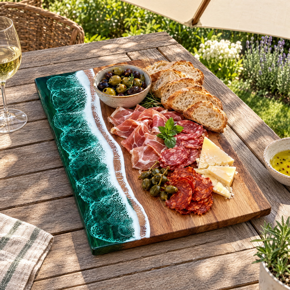 Onda serving board with cured meats on a teak garden table