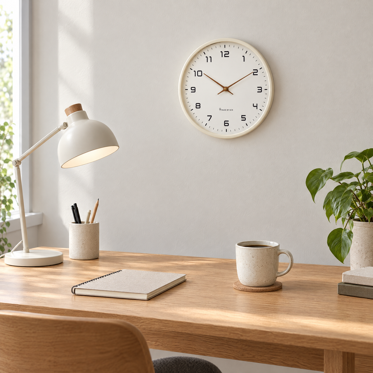 Ora wall clock in creme above a desk in a home office