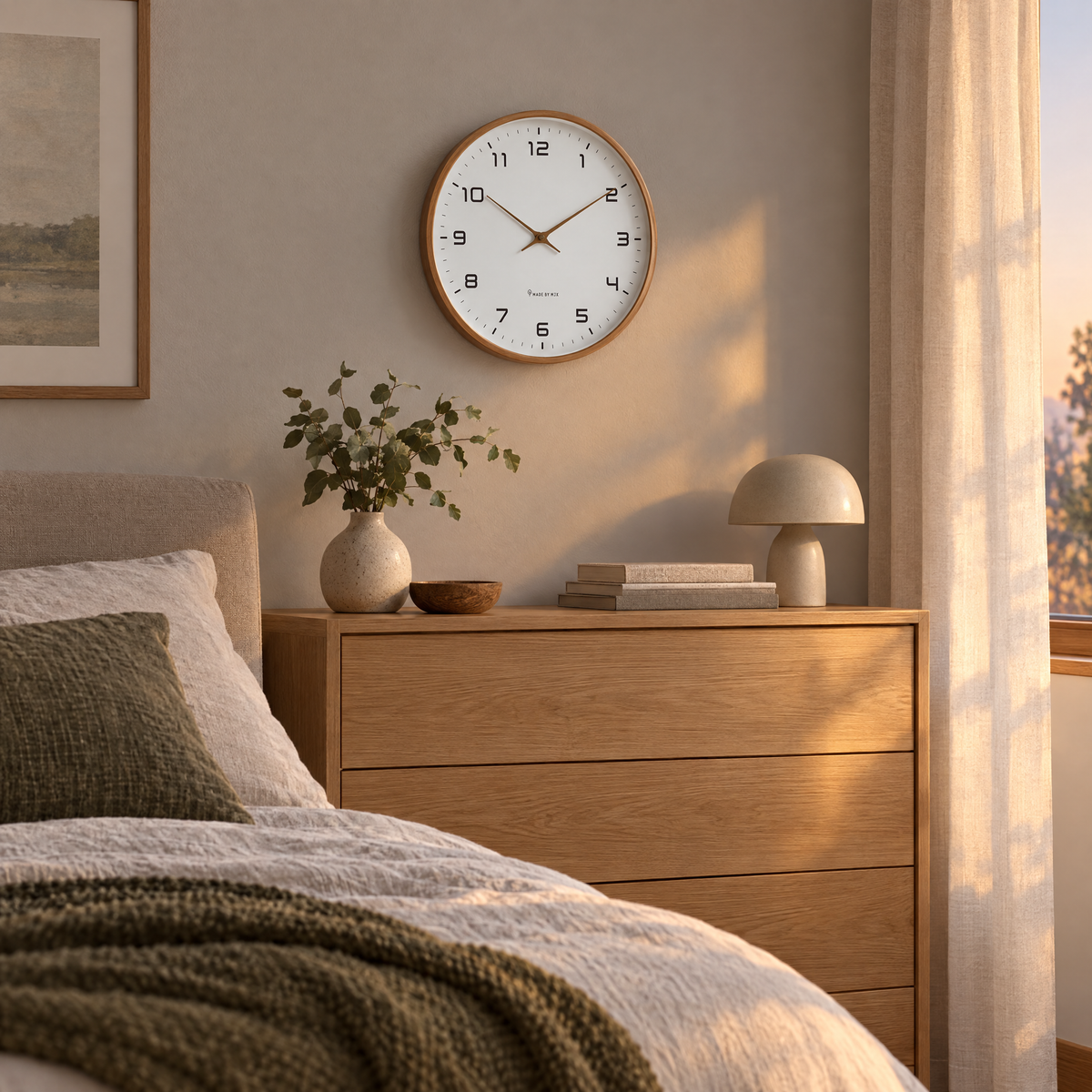 Ora wall clock in brown above a dresser in a bedroom