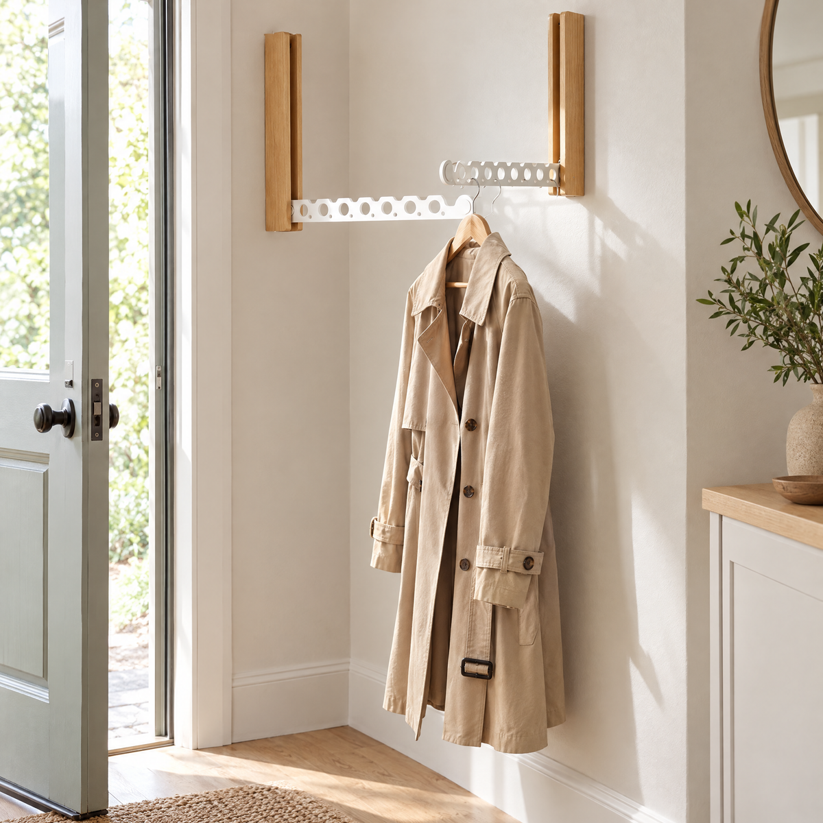 Piega folding rail with a coat in an entryway