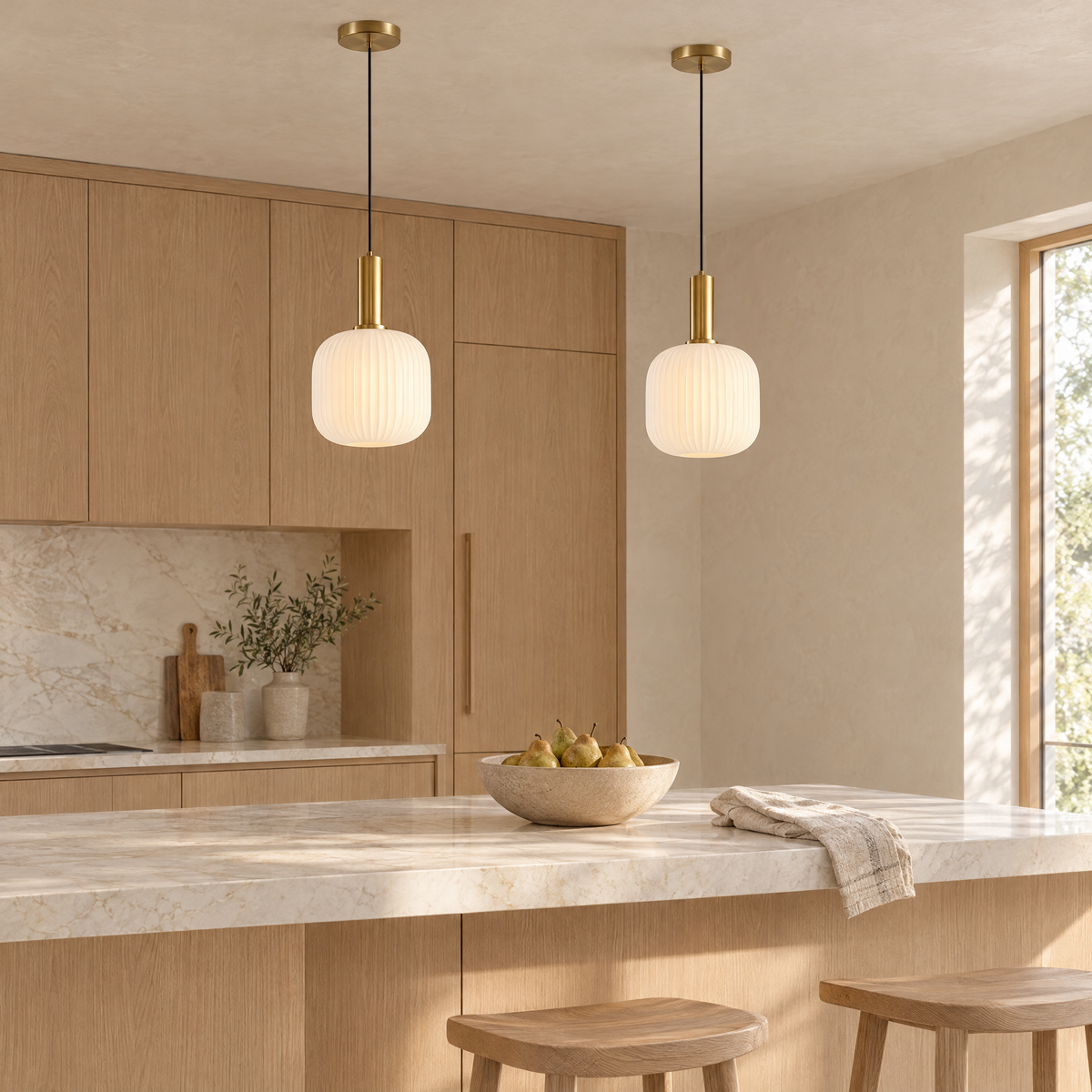 Rigata Ribbed Glass Ceiling Light a pair over a marble kitchen island