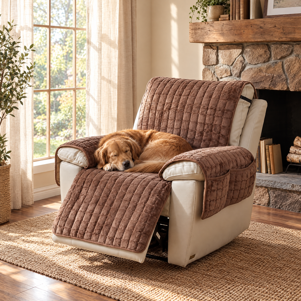 Dog asleep on a recliner with the Riposo cover