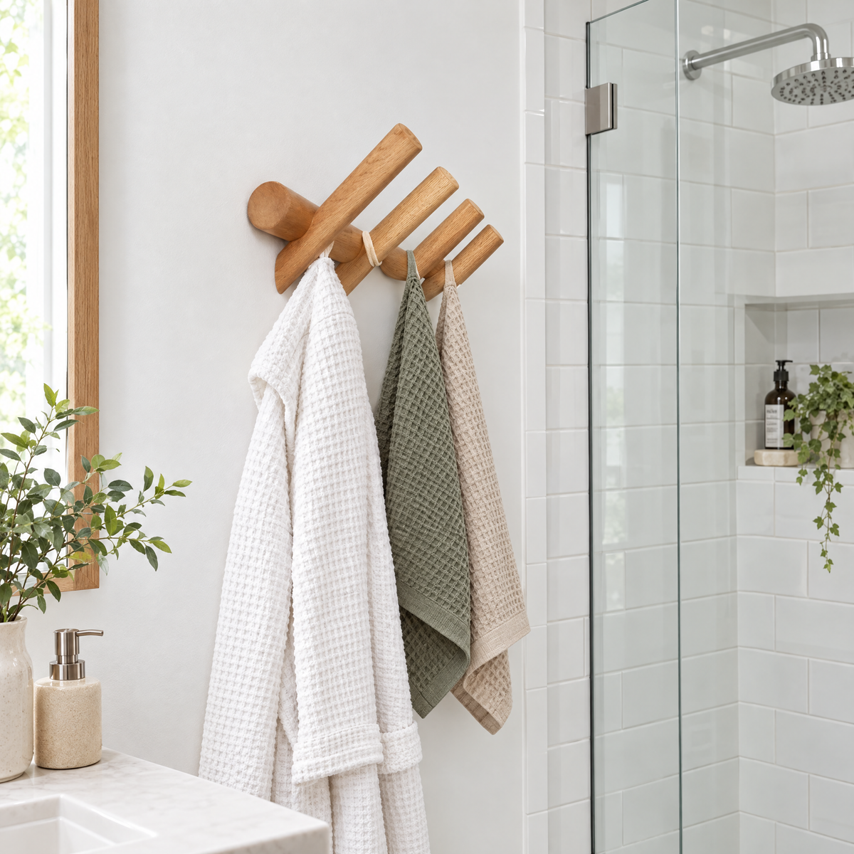 Rovere oak wall rack holding a robe and towels in a bathroom