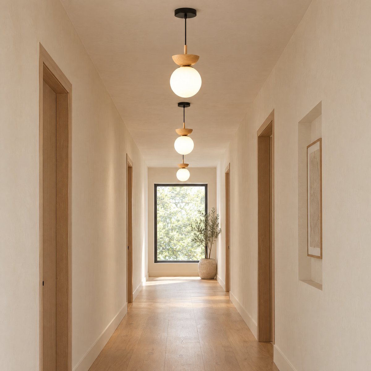 Sfera Opal Glass Globe Pendant Light a row along a calm hallway