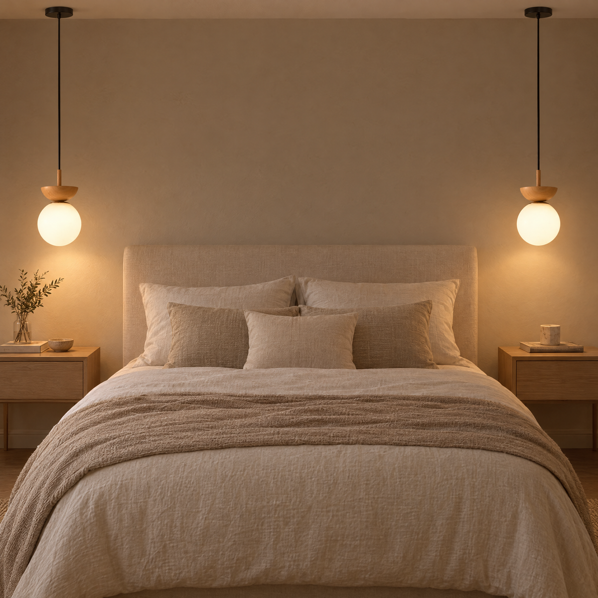 Sfera Opal Glass Globe Pendant Light a pair either side of a linen bed