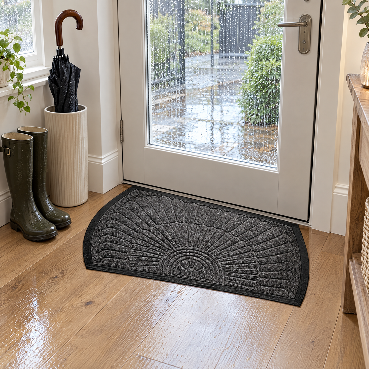 Soglia door mat at a hall entrance on a rainy day