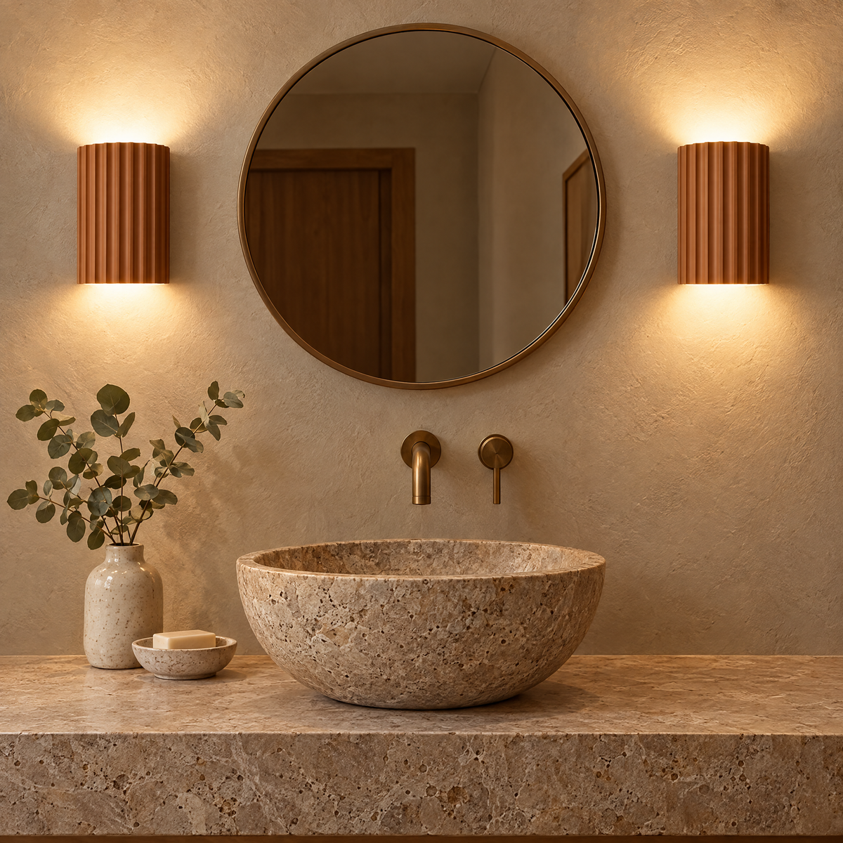 Two brown Solco wall lights flanking a bathroom mirror