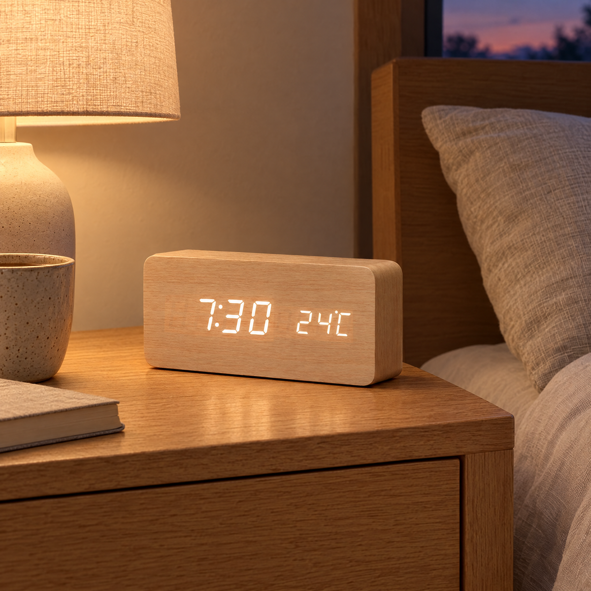 Light wood Sveglia LED alarm clock on an oak nightstand