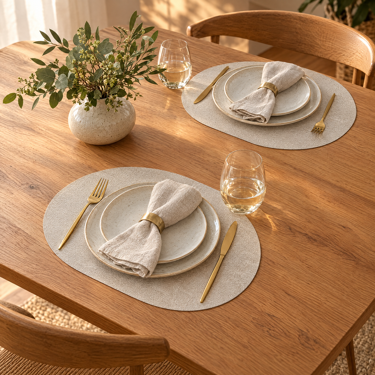 Oak table set for two on oatmeal Tavola placemats