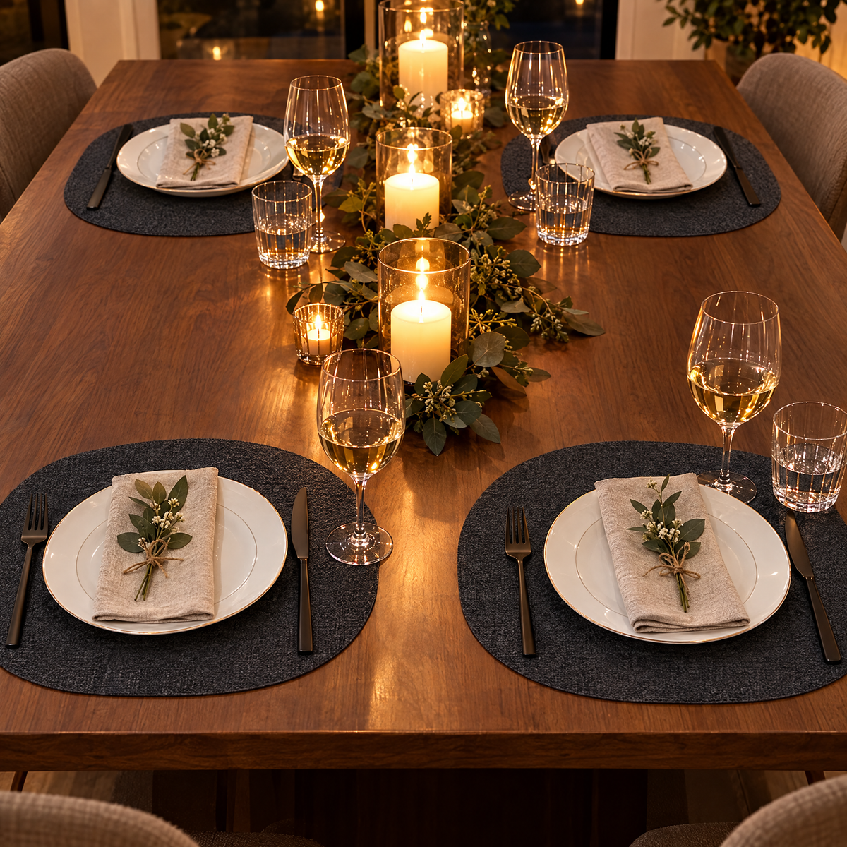 Candlelit table laid for four on charcoal Tavola placemats