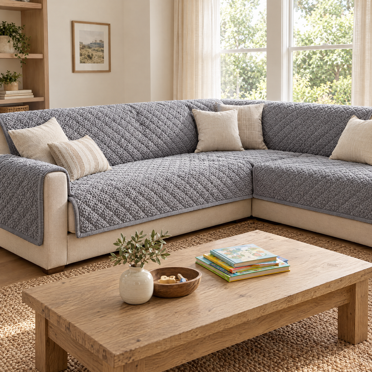 Trapunta covers on an L-shaped sectional