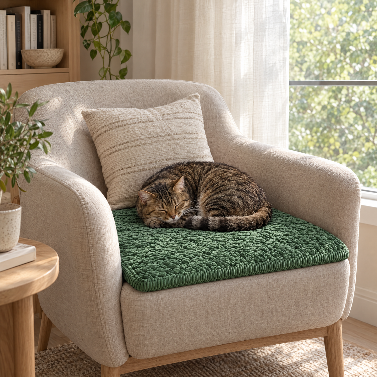 Cat on a chair with a square Trapunta cover