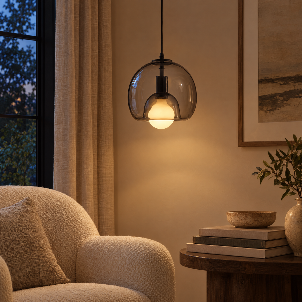 Vetro Glass Globe Pendant Light in smoke grey beside an armchair in a lounge