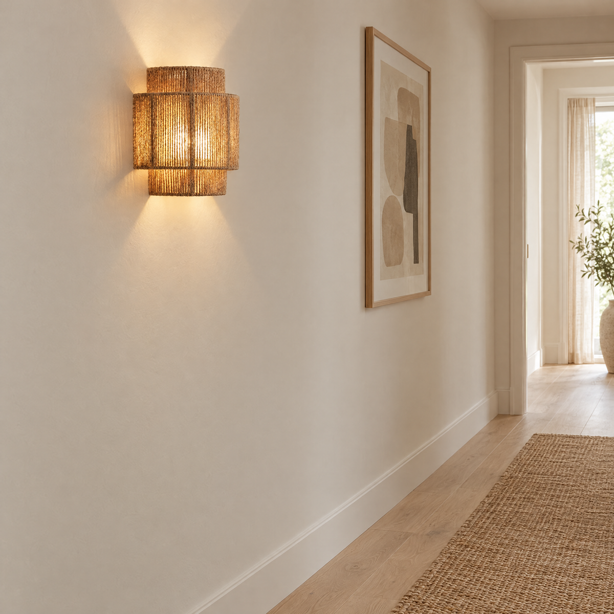 Vimini Woven Rattan Wall Light along a pale hallway