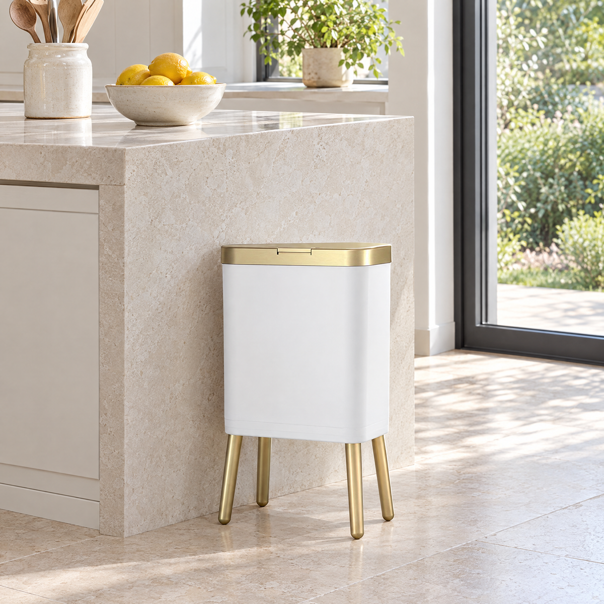 White Alto slim waste bin at the end of a stone kitchen counter