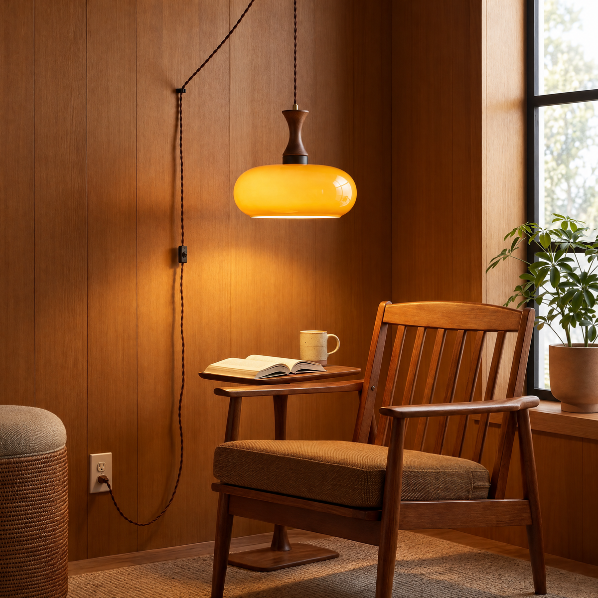 Ambra plug-in pendant over a walnut armchair