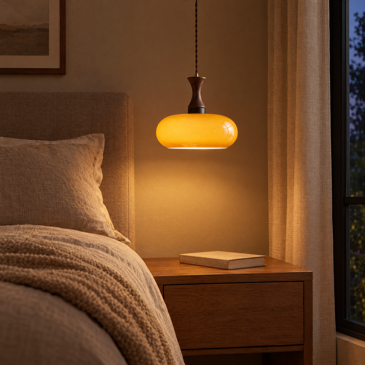 Ambra plug-in pendant hanging beside a bed