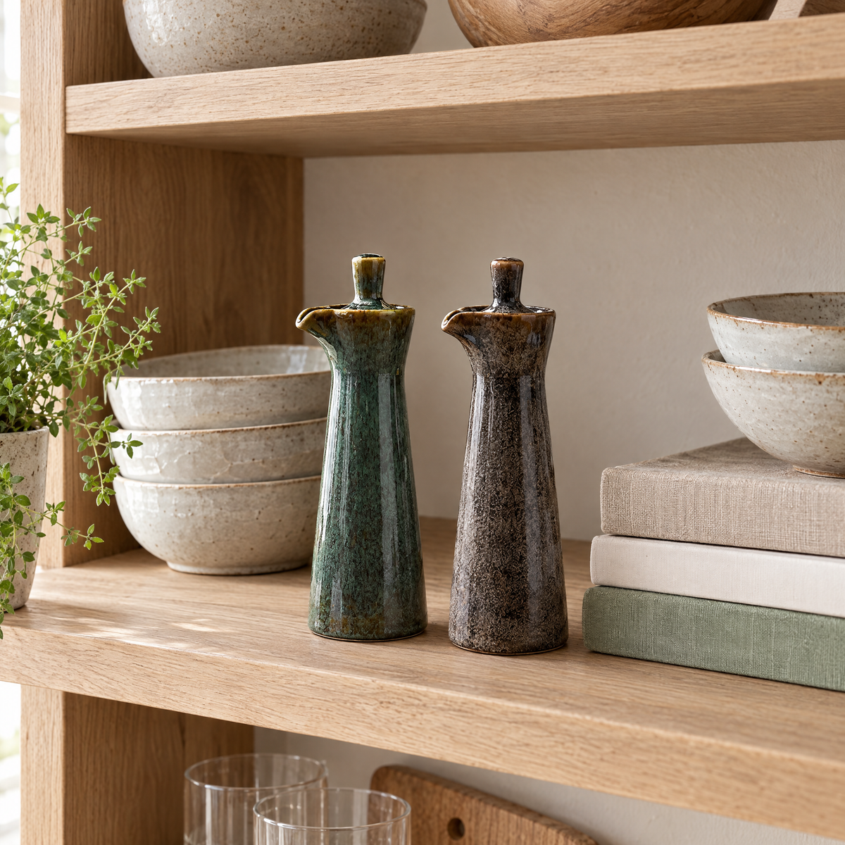 A pair of Ampolla dispensers on an open shelf