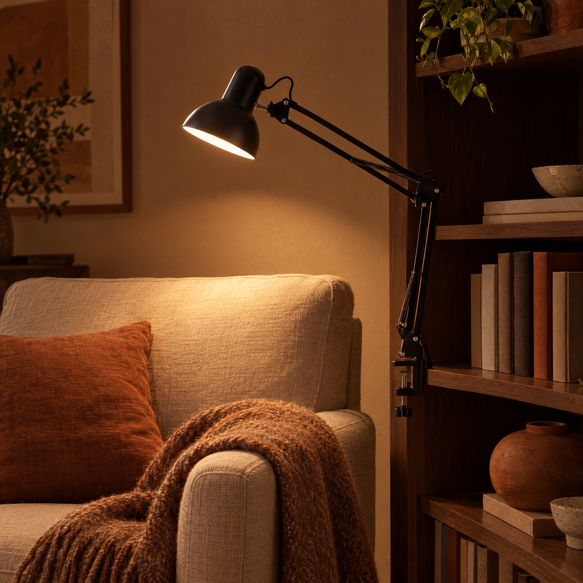 Braccio clip lamp lighting a reading corner in the evening