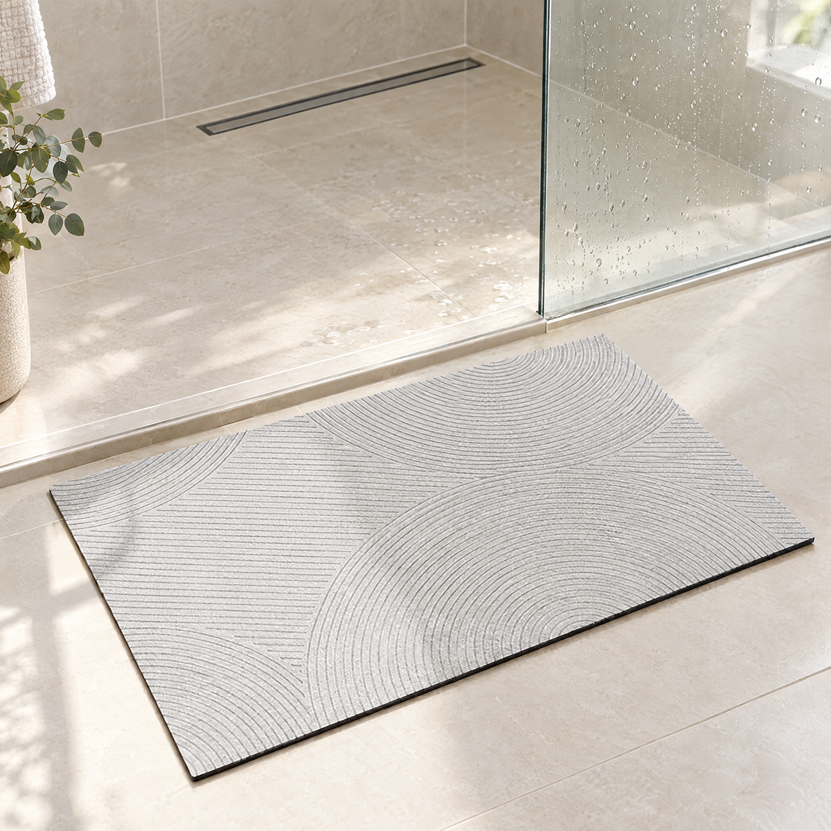 Brezza quick-dry bath mat in stone outside a walk-in shower