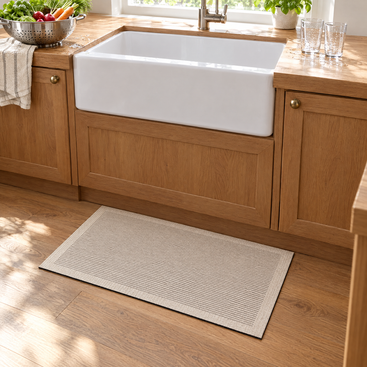 Brezza quick-dry mat in oat in front of a farmhouse kitchen sink