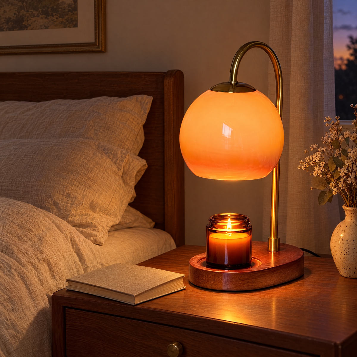 Cera candle warmer lamp glowing on a nightstand at dusk