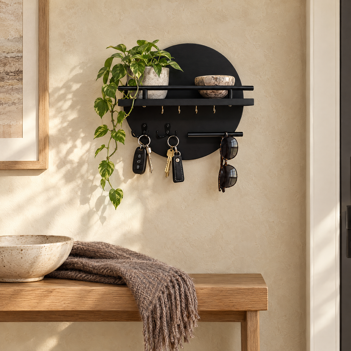 Cerchio round key holder above an oak console in a front entryway
