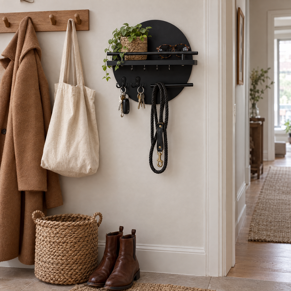 Cerchio round key holder in a hallway beside coat pegs