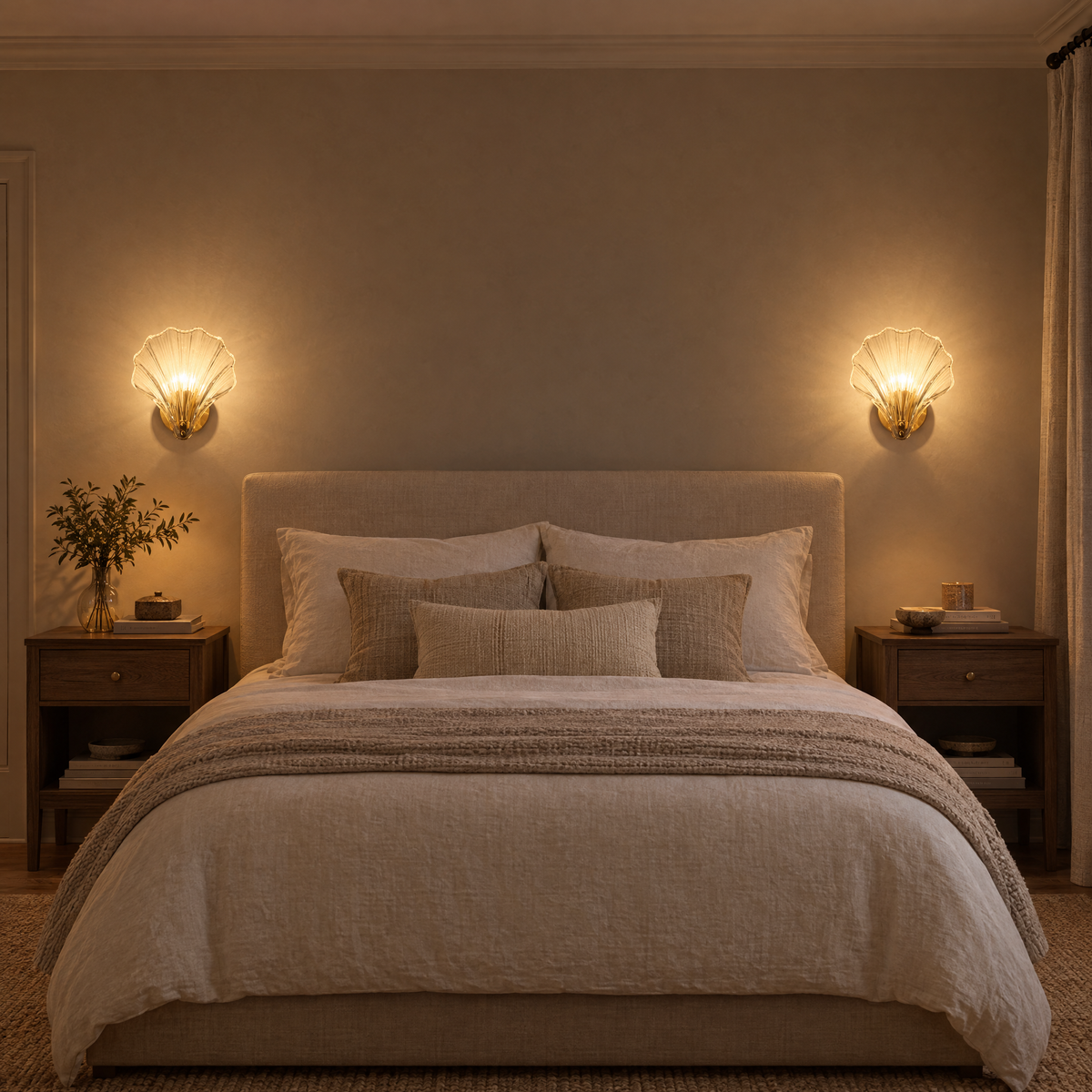 Conca Shell Glass Wall Light a pair above bedside tables