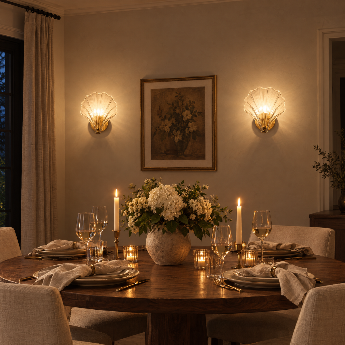 Conca Shell Glass Wall Light a pair on a dining room wall at dinner