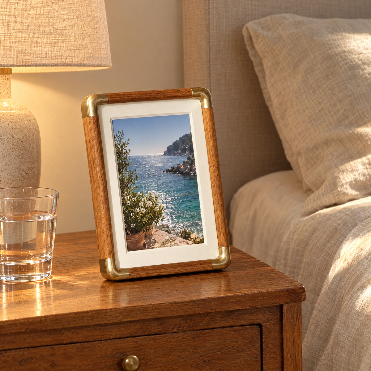 Teak Cornice photo frame on a nightstand beside a linen lamp