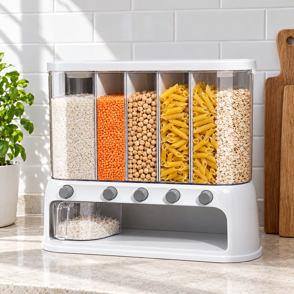 Dispensa five-compartment dry food dispenser on a stone kitchen counter