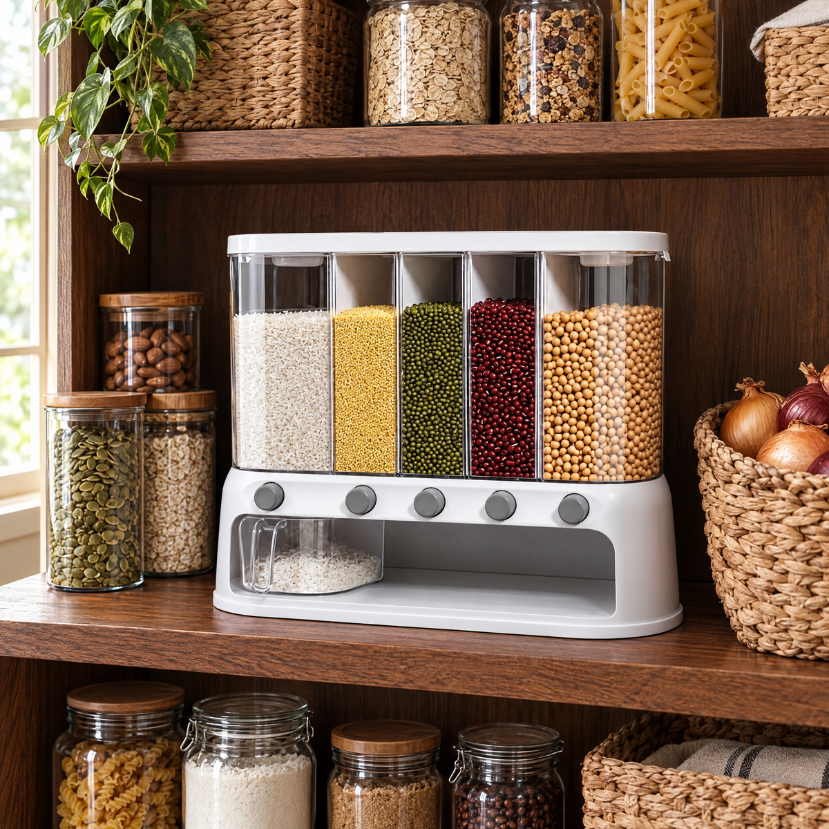Dispensa dry food dispenser on an oak pantry shelf