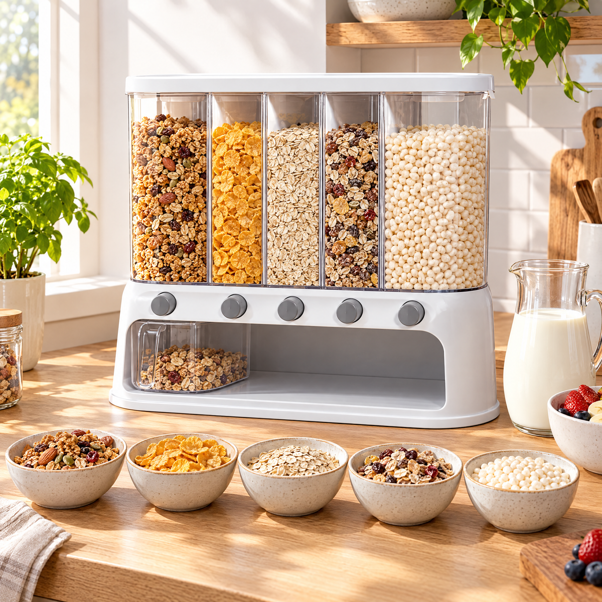 Dispensa dispenser filled with cereal above breakfast bowls