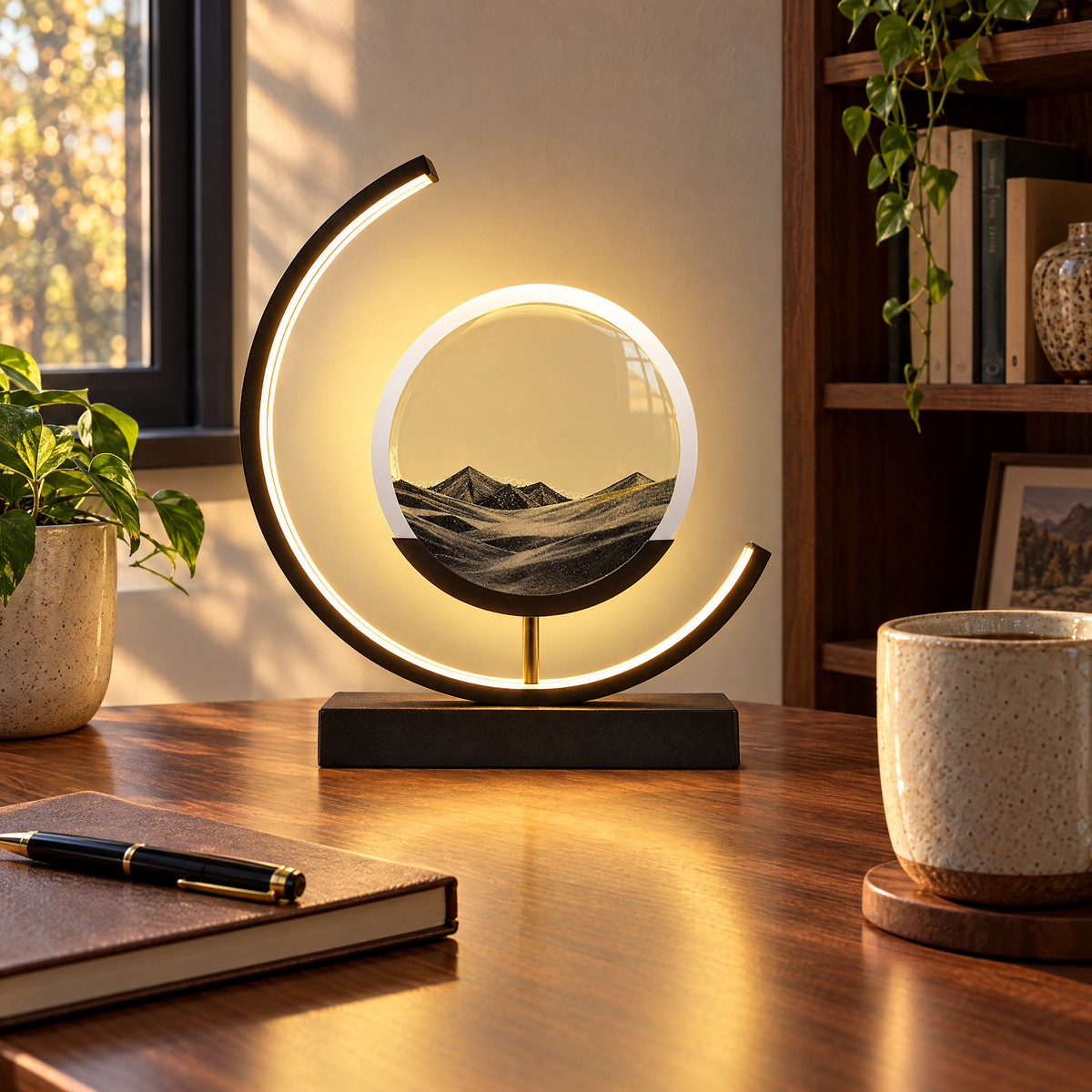 Duna moving sand lamp on a walnut desk in a quiet study