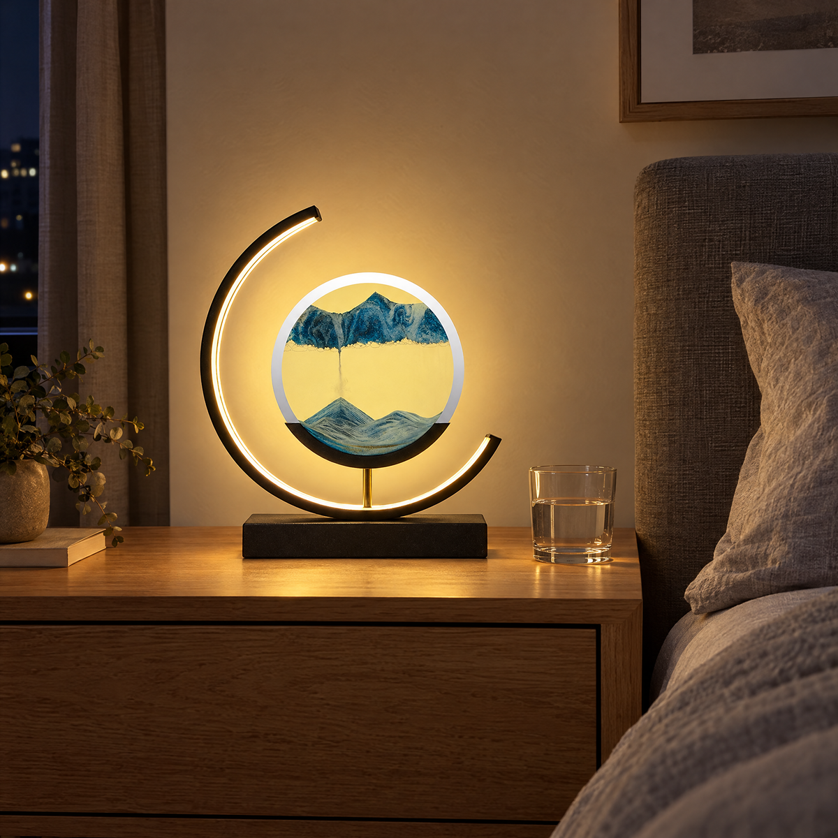 Duna moving sand lamp glowing on an oak nightstand at night