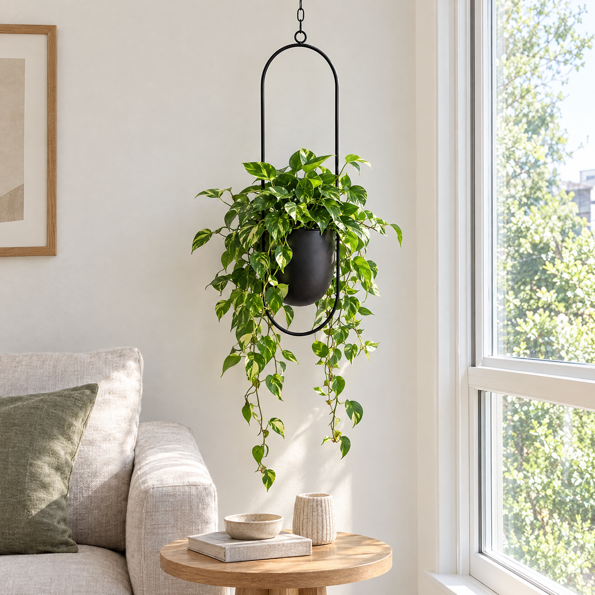 Edera hanging planter with a pothos beside a living room window