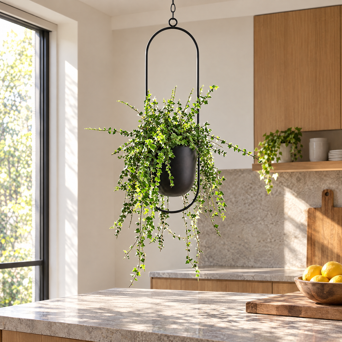 Edera hanging planter with trailing ivy above a kitchen counter