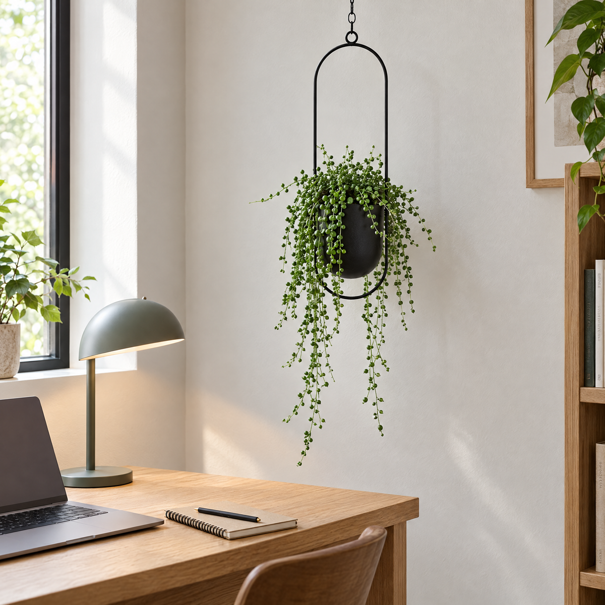 Edera hanging planter beside an oak desk in a home office