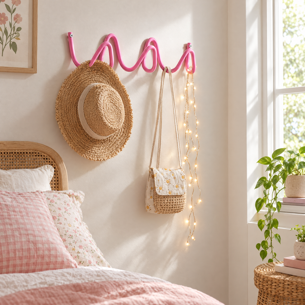 Pink Flutto wave hook rack in a bedroom