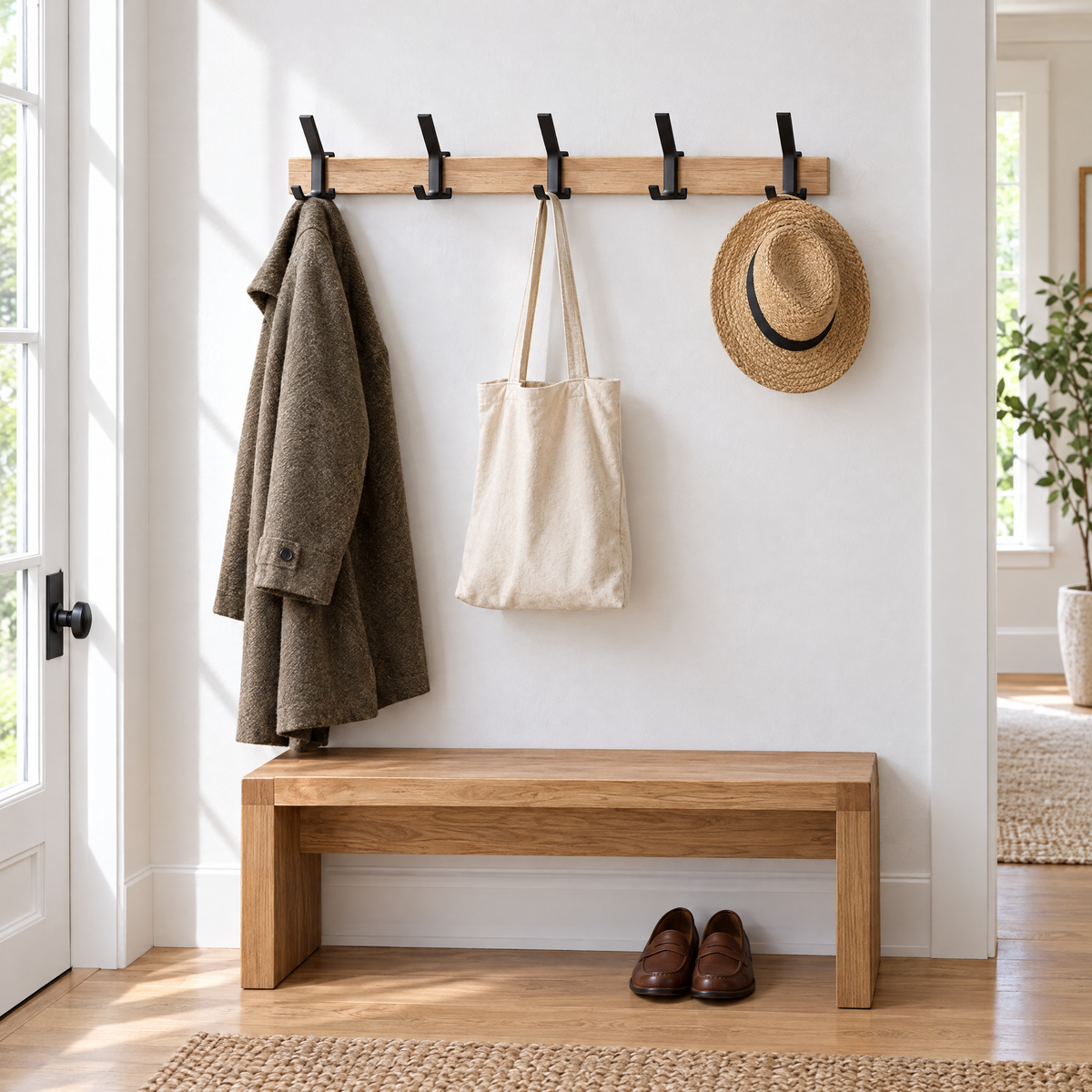Gancio coat rack holding a coat, tote and hat above an oak bench